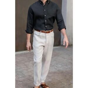 Alex Crane Mens Cham pants in bone 33×31 100% Linen Beige linen trousers